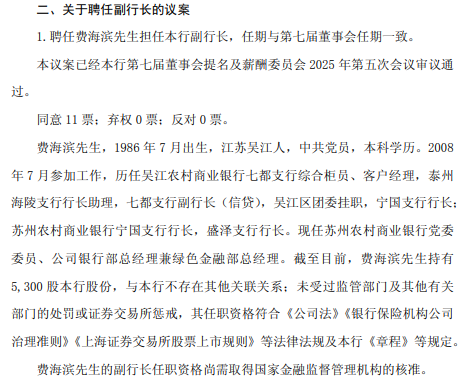 苏农银行：董事会聘任王亮为行长，费海滨、耿植为副行长